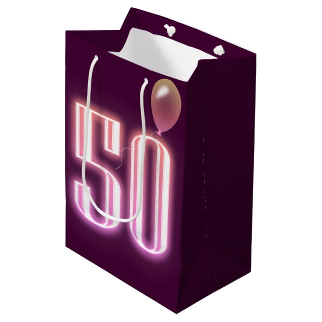 50th Birthday Neon Sign and Balloon Medium Gift Bag (Front Angled)