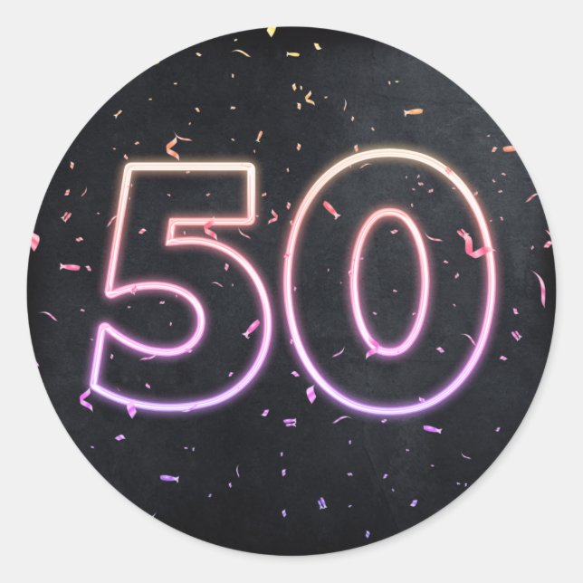 50th Birthday Neon Sign On Black  Classic Round Sticker (Front)