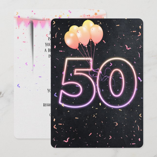 50th Birthday Neon Sign On Black Invitation (Front/Back)
