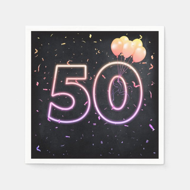 50th Birthday Neon Sign On Black Napkins (Front)
