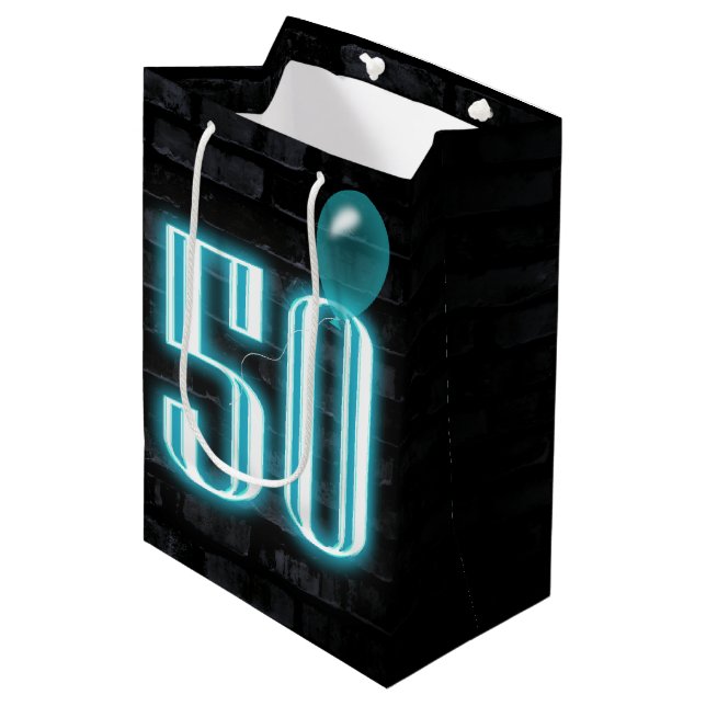 50th Birthday Neon Sign on Brick  Medium Gift Bag (Front Angled)
