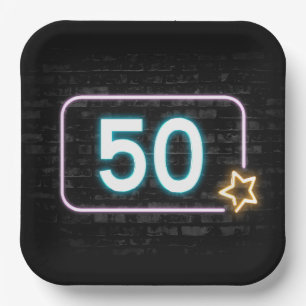 50th Birthday Neon Sign On Brick Paper Plate
