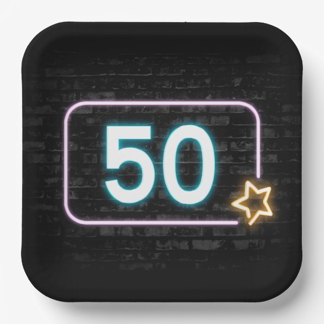 50th Birthday Neon Sign On Brick Paper Plate (Front)