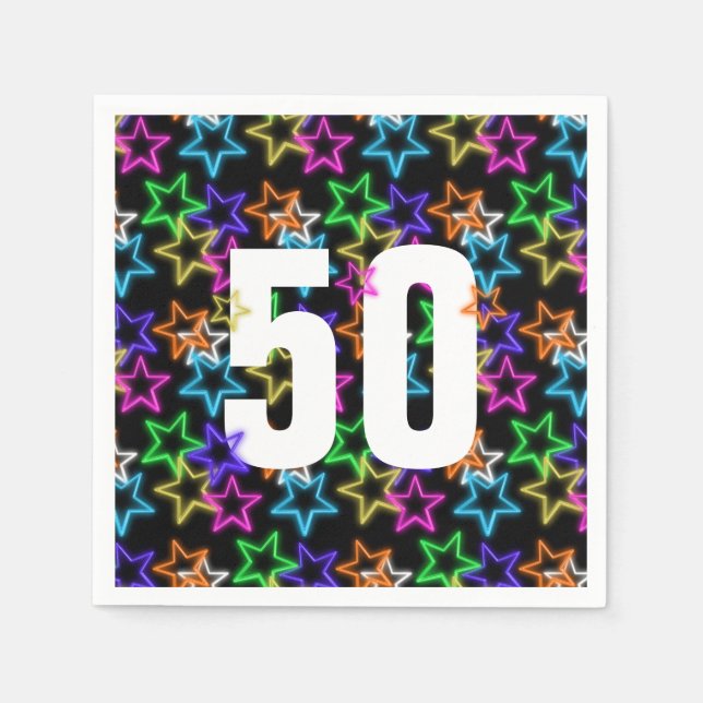 50th Birthday Neon Stars On Black  Napkin (Front)