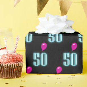 50th Birthday Neon with Balloon Wrapping Paper
