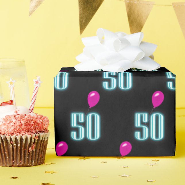 50th Birthday Neon with Balloon  Wrapping Paper (Birthday Party)