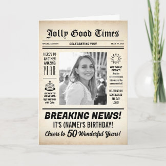 50th Birthday Newspaper, Add Photo, Personalised Card