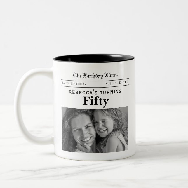 50th Birthday Newspaper Two-Tone Coffee Mug (Left)