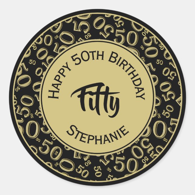 50th Birthday Number 50 Pattern Black and Gold Classic Round Sticker (Front)