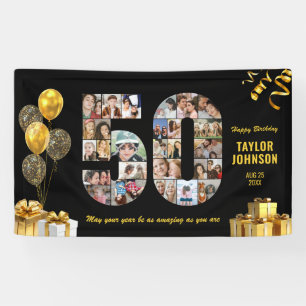 50th Birthday Number 50 Photo Collage Black Gold Banner