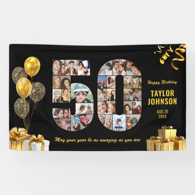 50th Birthday Number 50 Photo Collage Black Gold Banner (Horizontal)