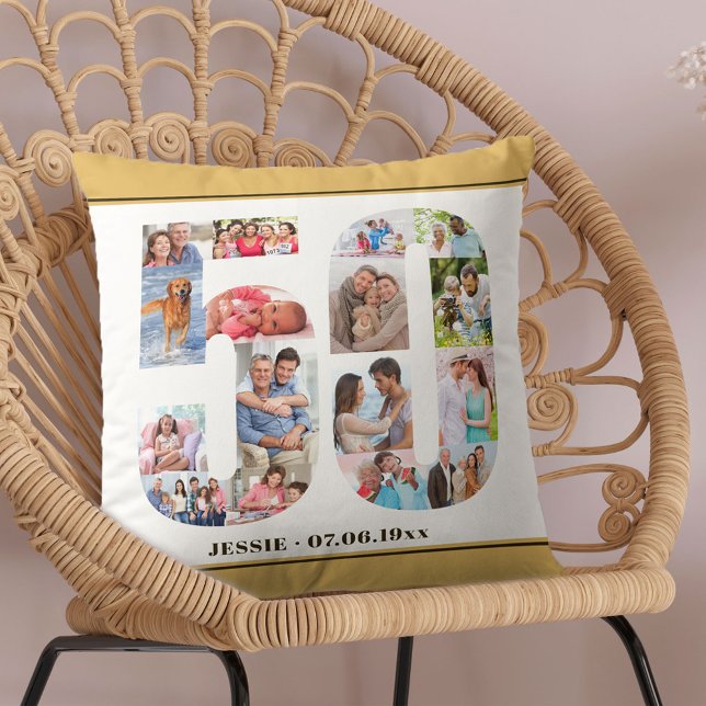 50th Birthday Number 50 Photo Collage Neutral Cushion (Creator Uploaded)