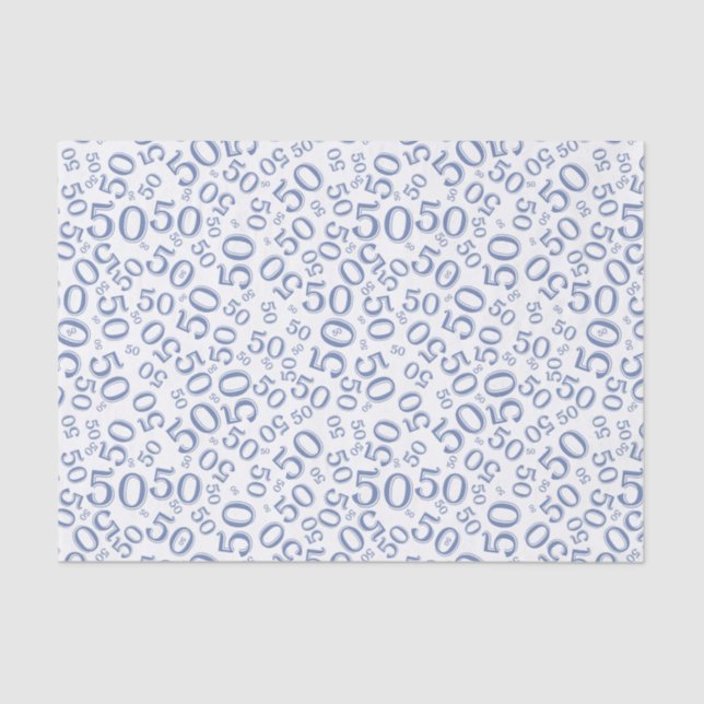 50th Birthday Number Pattern  Blue and White Tissue Paper (Front)