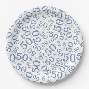 50th Birthday Number Pattern Blue/White Paper Plate