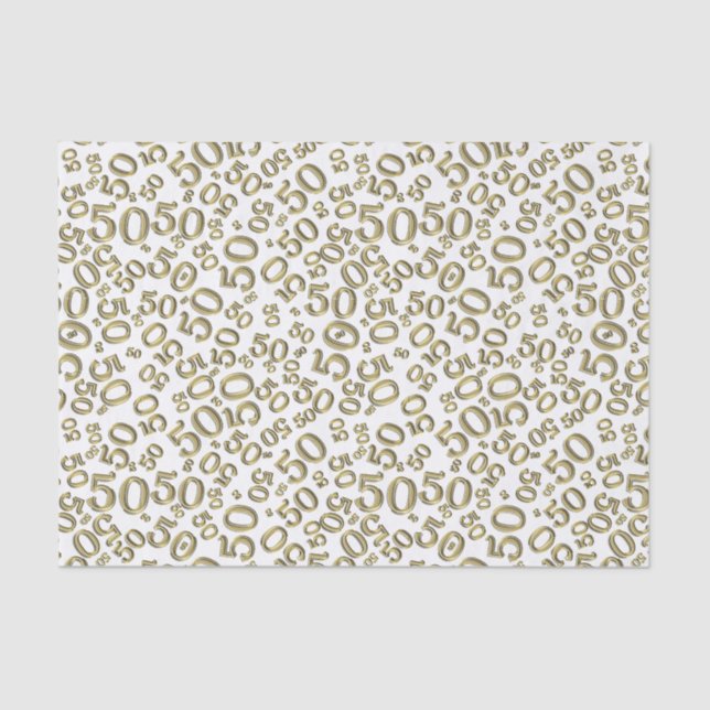 50th Birthday Number Pattern  Gold and White Tissue Paper (Front)