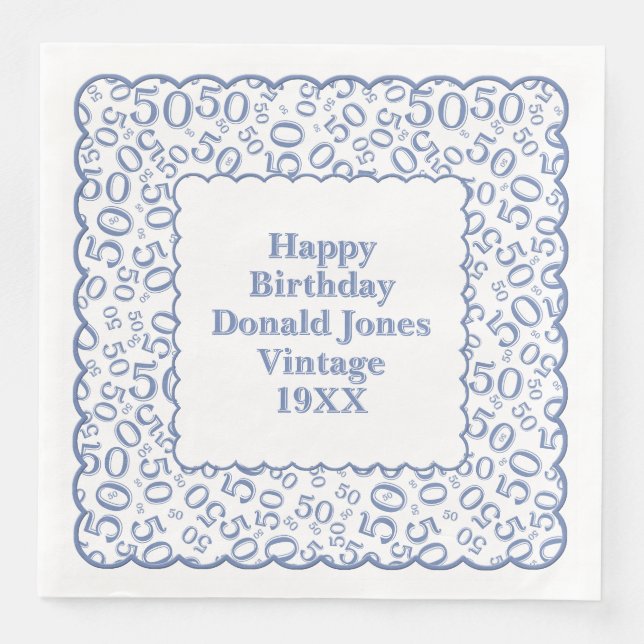 50th Birthday Number Pattern Scallops Blue/White Napkin (Front)