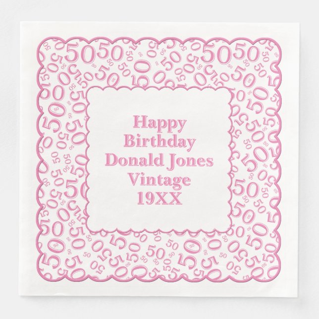 50th Birthday Number Pattern Scallops Pink/White Napkin (Front)