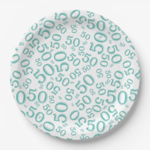 50th Birthday Number Pattern Teal/White Paper Plate