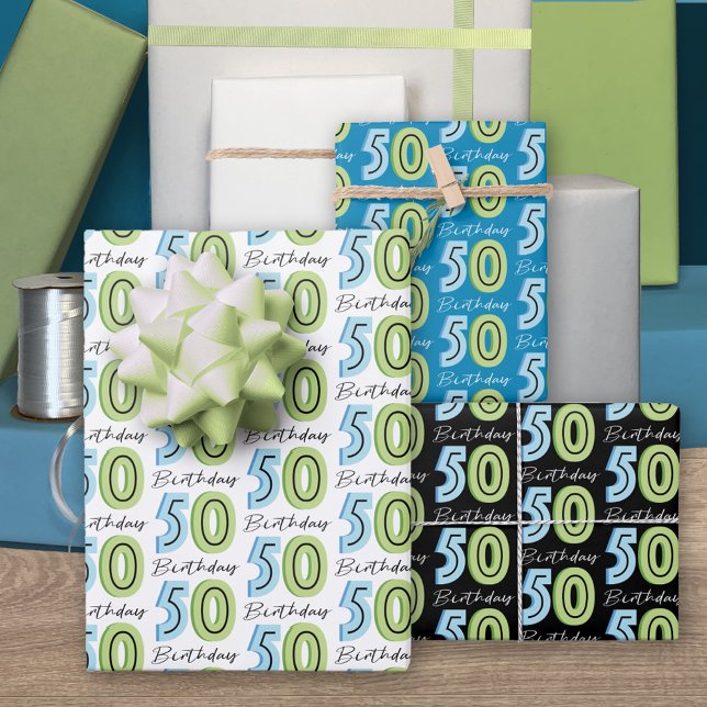 50th Birthday Numbers Green Blue Wrapping Paper Sheet (Creator Uploaded)