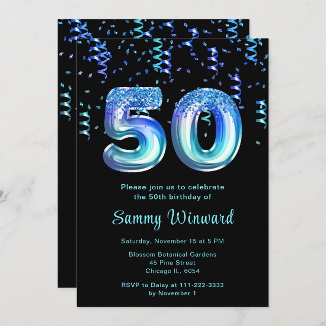 50th Birthday Ocean Balloons with Confetti Invitation (Front/Back)