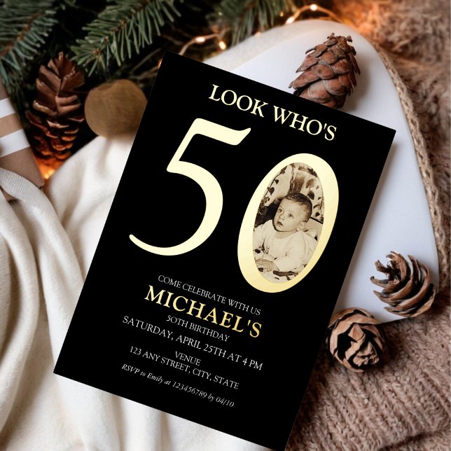 50th Birthday Old Photo Gold (Look who's 50 - 50th birthday party invitation with old baby photo and real gold foil)