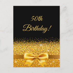 50th birthday on black with gold bow invitation postcard