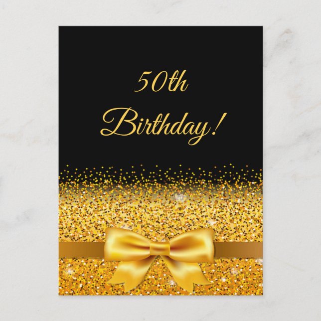 50th birthday on black with gold bow invitation postcard (Front)
