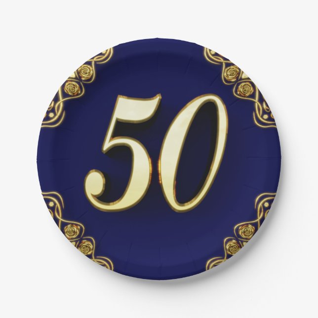 50th Birthday or Anniversary Regal Gold and Blue Paper Plate (Front)