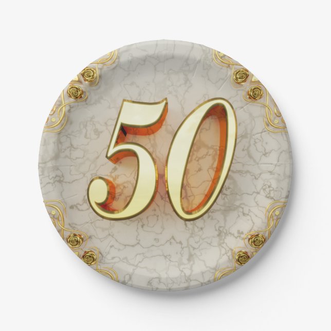 50th Birthday or Anniversary Regal Gold and Marble Paper Plate (Front)