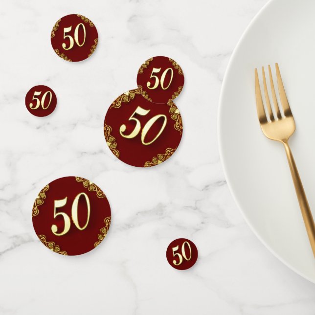 50th Birthday or Anniversary Regal Gold and Red Confetti (Group)