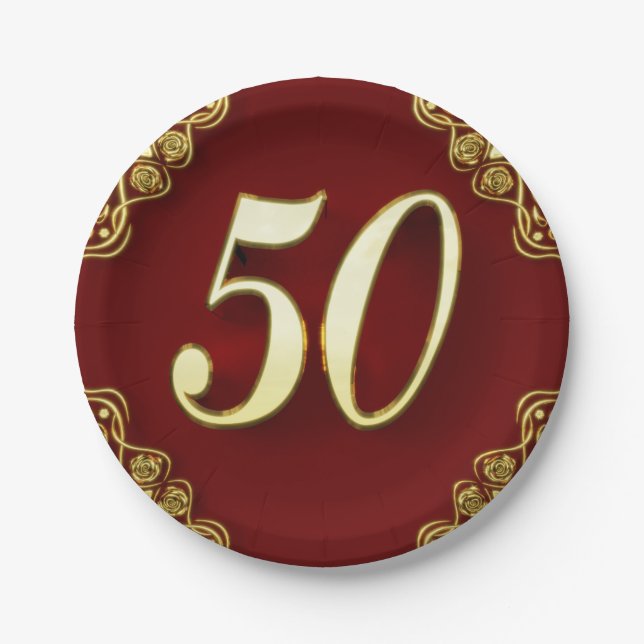 50th Birthday or Anniversary Regal Gold and Red Paper Plate (Front)