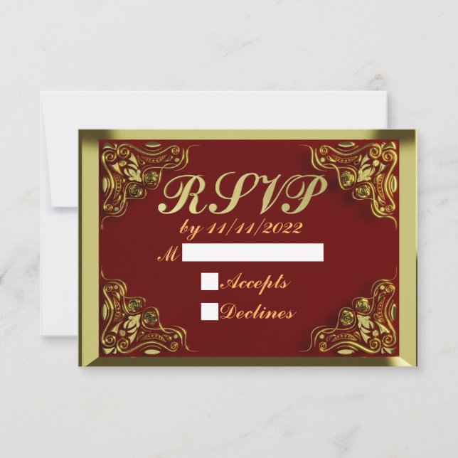 50th Birthday or Anniversary Regal Gold and Red RSVP Card (Front)