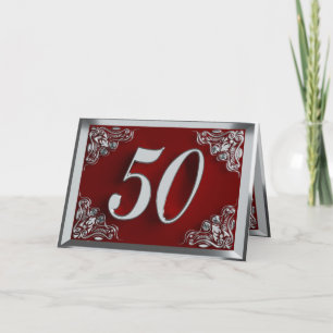 50th Birthday or Anniversary Regal Silver and Red Card