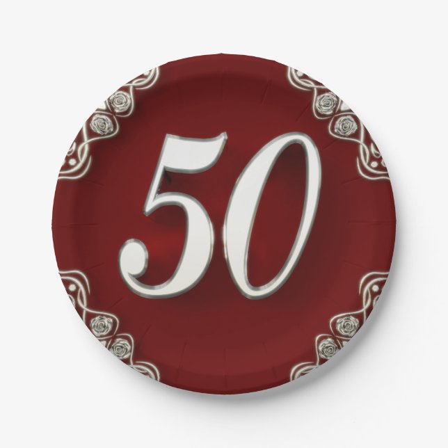 50th Birthday or Anniversary Regal Silver and Red Paper Plate (Front)