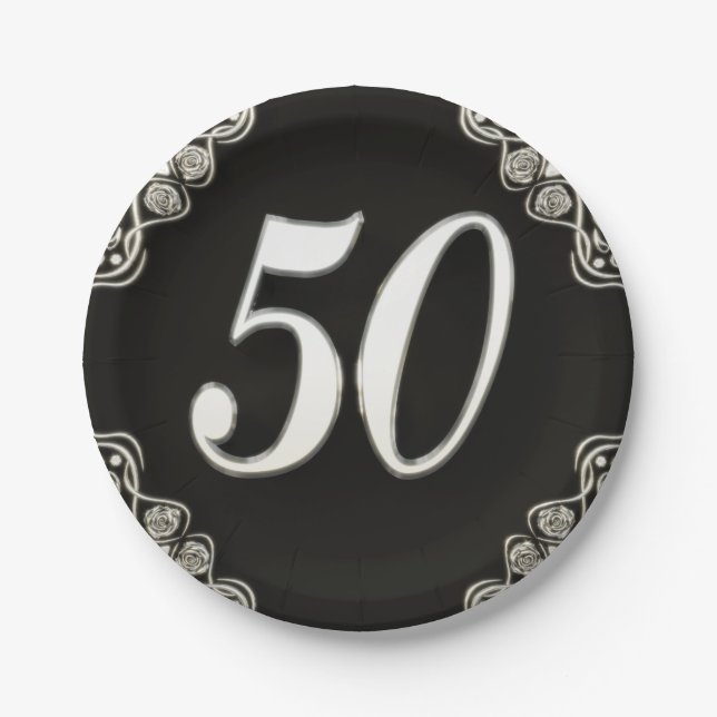 50th Birthday or Anniversary Regal Silver Black Paper Plate (Front)