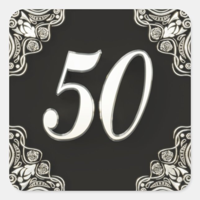 50th Birthday or Anniversary Regal Silver Black Square Sticker (Front)
