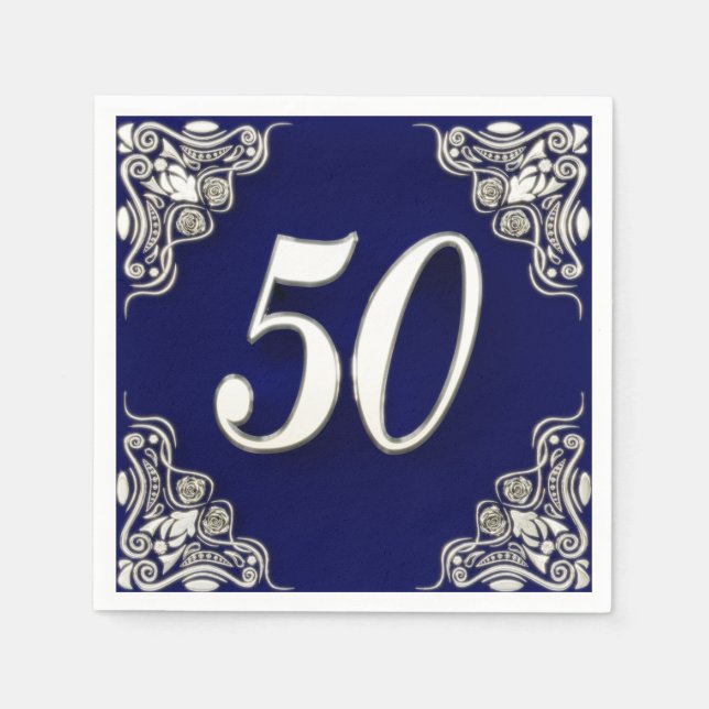 50th Birthday or Anniversary Regal Silver Blue Napkin (Front)