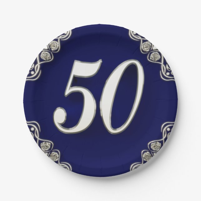 50th Birthday or Anniversary Regal Silver Blue Paper Plate (Front)