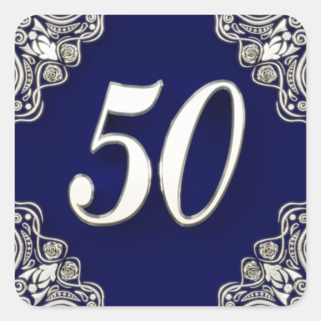 50th Birthday or Anniversary Regal Silver Blue Square Sticker (Front)