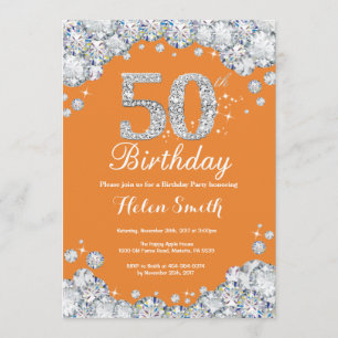 50th Birthday Orange and Silver Diamond Invitation