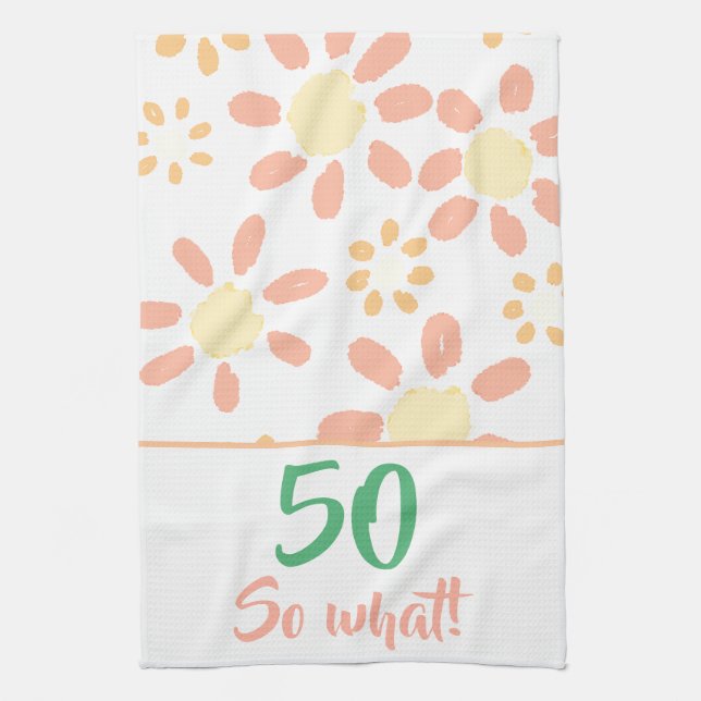 50th Birthday Orange Funny Watercolor Flower Tea Towel (Vertical)