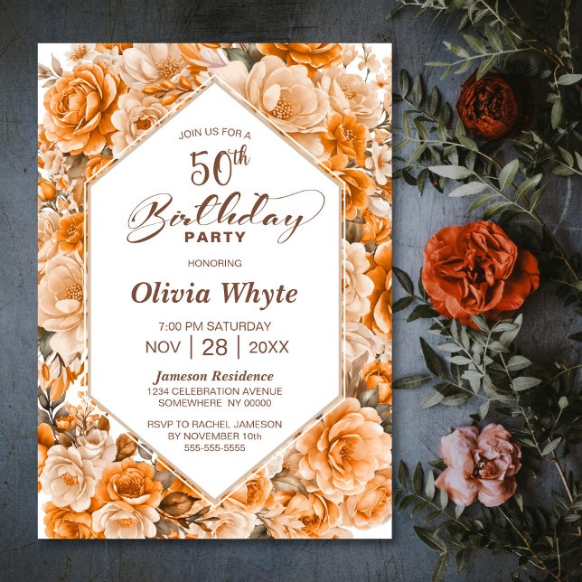 50th Birthday Orange Rose Floral Party Invitation (Creator Uploaded)