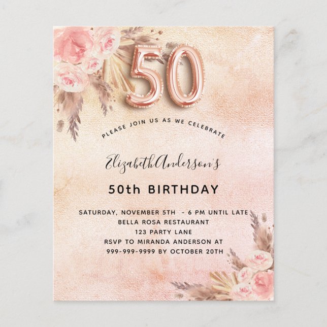 50th birthday pampas grass rose invitation (Front)