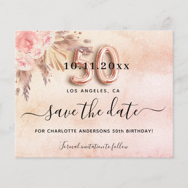 50th birthday pampas rose budget save the date flyer (Front)