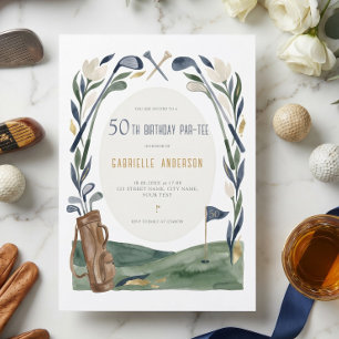 50th Birthday Par-Tee Watercolor Golf Floral Invitation