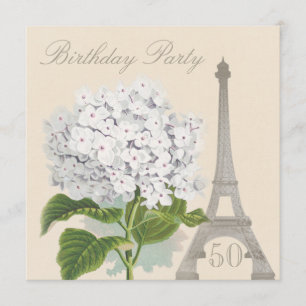 50th Birthday Paris Vintage White Hydrangea Flower Invitation