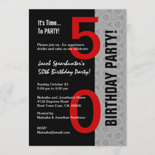 50th Birthday Part Modern Red Silver Black W1792 Invitation