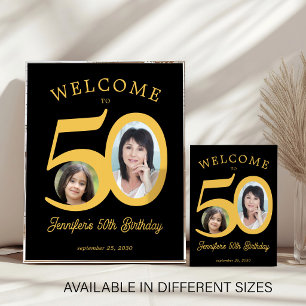 50th birthday party 2 photo black gold welcome poster