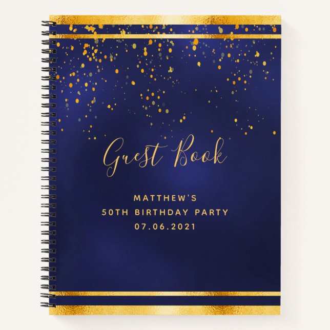 50th Birthday Party 50 dark blue gold guest book (Front)