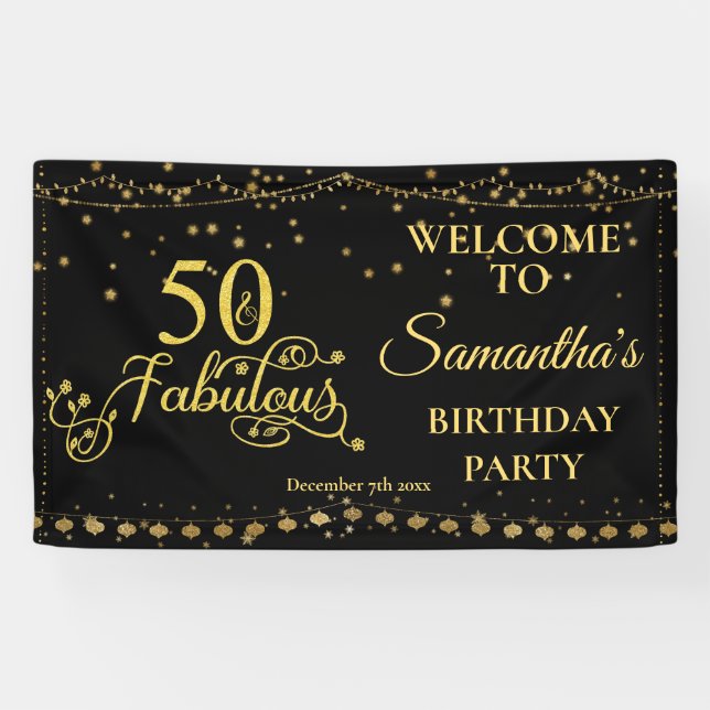 50th Birthday Party 50 Fabulous Glitter Black Banner (Horizontal)
